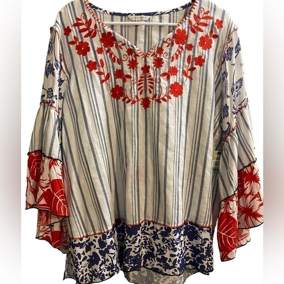 John Mark Tunic Size 0X Bell Ruffle 3/4 Sleeves Embroidered Striped Tas… - Picture 3 of 14
